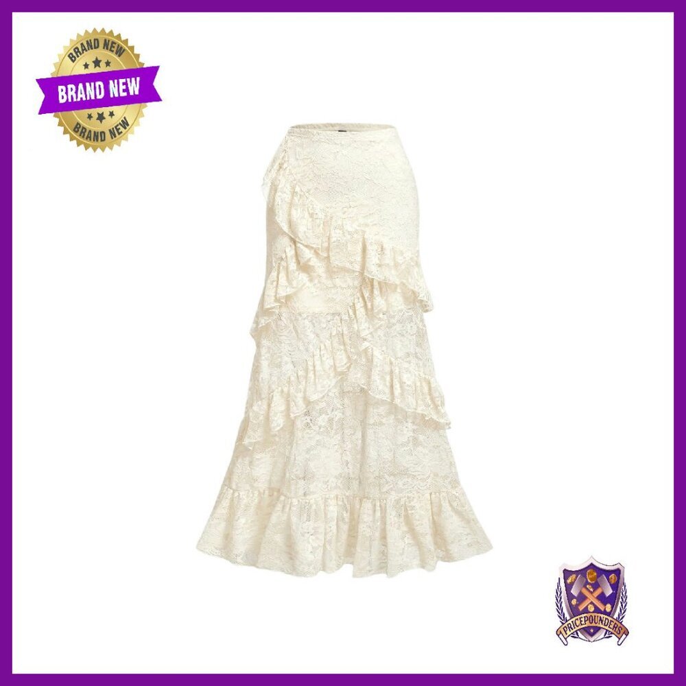 Y2K Lace Maxi Skirt High Waist A-Line Ruffle Hem Elastic Waist
